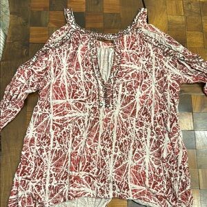 Free People Red and White Cold Shoulder Blouse size M